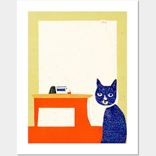 My Office Cat Retro Poster Vintage Art Office Wall Blue Sunny Illustration Posters and Art